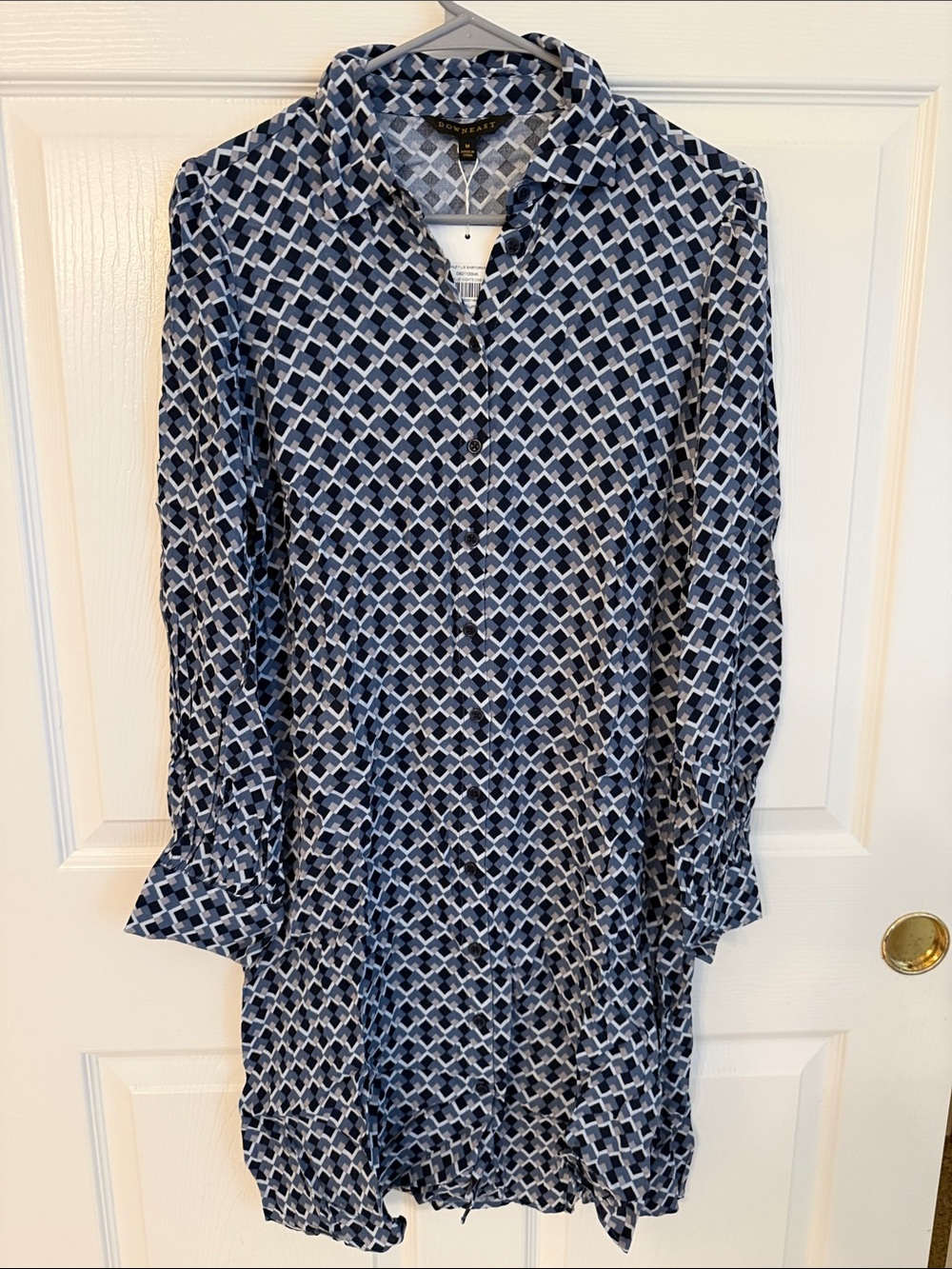 DownEast Navy and White Geometric Long-Sleeve Shirt Dress